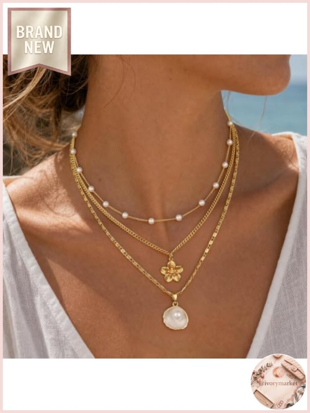 Layered Shell Necklace Set Women 14K Gold Plated Beach Jewelry Gift - Picture 3 of 6